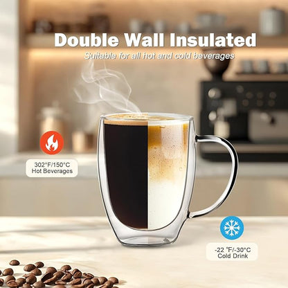 Double Wall Glass Coffee Mugs 12 OZ, Clear Coffee Cup With Handle,Insulated Coffee Mugs Set of 6 With Spoons Perfect for Espresso, Cappuccino, Latte, American,Tea Bag, Beverage