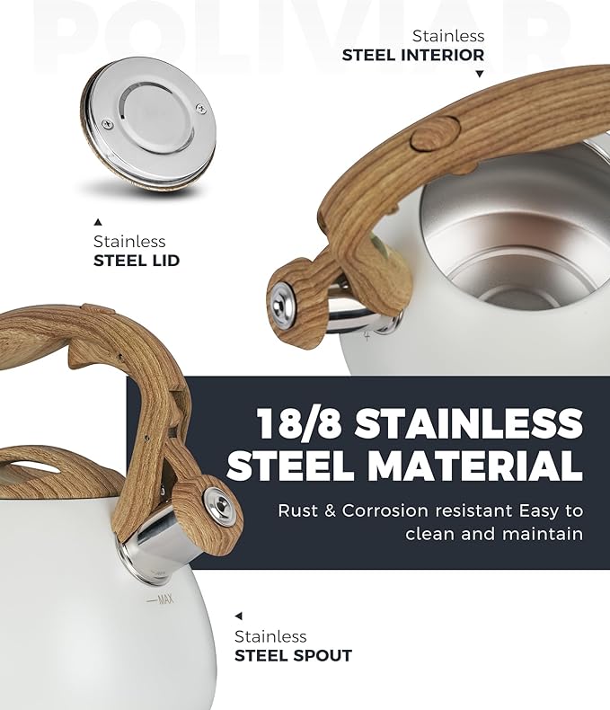 POLIVIAR Tea Kettle, 2.7 Quart White Finish with Wood Pattern Handle Loud Whistle Food Grade Stainless Steel Teapot, Anti-Hot Handle and Anti-Rust, Suitable for All Heat Sources JX2025-BW30