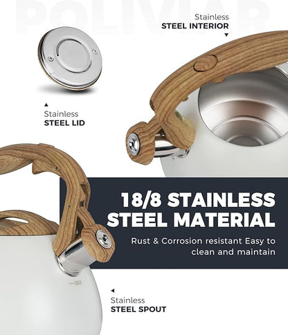 POLIVIAR Tea Kettle, 2.7 Quart White Finish with Wood Pattern Handle Loud Whistle Food Grade Stainless Steel Teapot, Anti-Hot Handle and Anti-Rust, Suitable for All Heat Sources JX2025-BW30