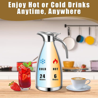 Uiifan 2 Pcs 68 oz Thermal Coffee Carafe Insulated Stainless Steel Coffee Carafe for Hot Liquids Vacuum Thermal Pot Creamer Dispenser with Brushes Keeping Hot Tea Milk Water(Black, Silver)