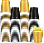 Load image into Gallery viewer, 100 Pack 2 oz Plastic Shot Glasses Disposable Shot Cups, Mini 2oz Party Cups for Graduation, Christmas, Birthday, Wedding, Bachelorette Party (Gold, Black)