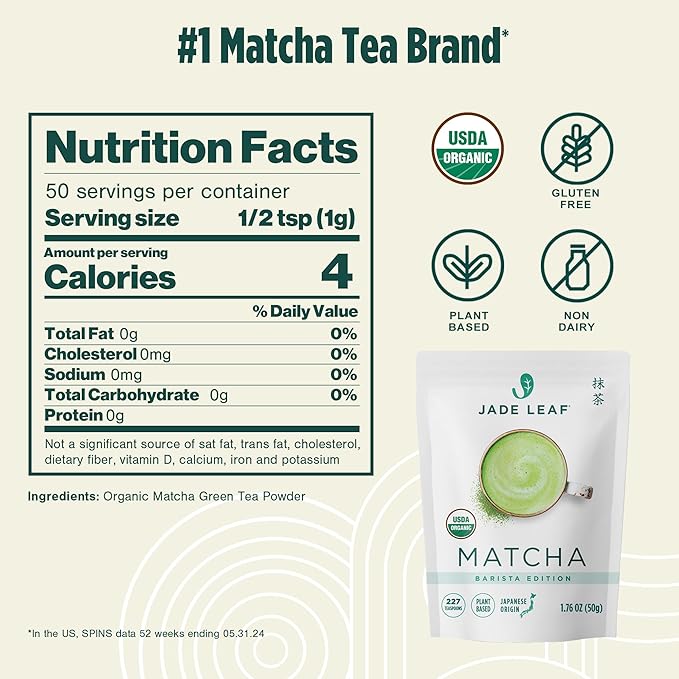 Jade Leaf Matcha Organic Ceremonial Grade Green Tea Powder - Barista Edition For Cafe Quality Tea & Lattes - Authentic Japanese Origin (1.76 Ounce Resealable Pouch)