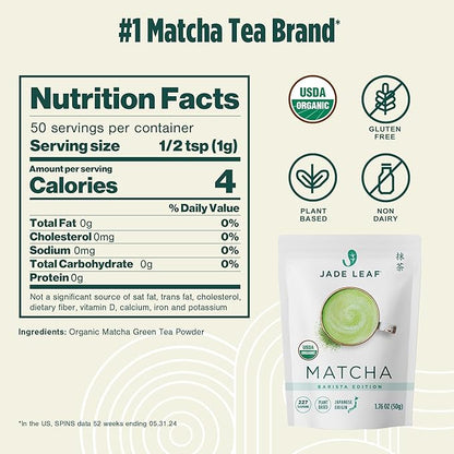 Jade Leaf Matcha Organic Ceremonial Grade Green Tea Powder - Barista Edition For Cafe Quality Tea & Lattes - Authentic Japanese Origin (1.76 Ounce Resealable Pouch)