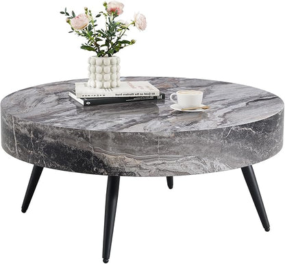 31.5" Modern Round Coffee Table,Small Coffee Tables Center Table with Metal Legs Marble-Patterned Tabletop for Living Room Office Apartment,Easy to Assemble, Grey Marble