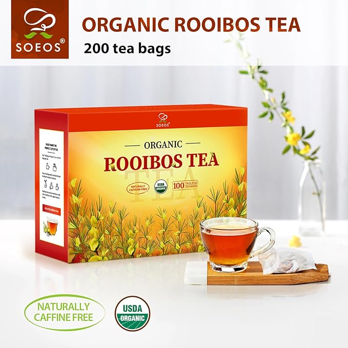 Soeos Organic Rooibos Tea, 200 Teabags (2 Packs), Naturally Caffeine Free, USDA and Non GMO Certify, Smooth and Robust Flavor, Excellent for Hot or Iced Brew, 18oz (500g)
