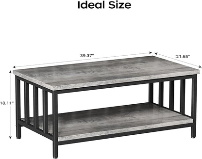 Homeiju Coffee Table for Living Room with Slatted Sides Frame, Modern Farmhouse Living Room Table with 2-Tier Storage Shelf for Home Office, Apartment, 39 inch Grey Wash