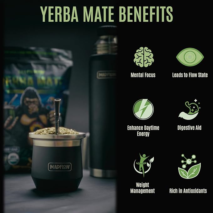 MADFLOW Unsmoked Organic Yerba Mate Loose Leaf 1.1 Lb. Mate Tea For Natural Energy, Focus and Flow. Resealable Packaging. For Brewing With Yerba Mate Cup or French Press.