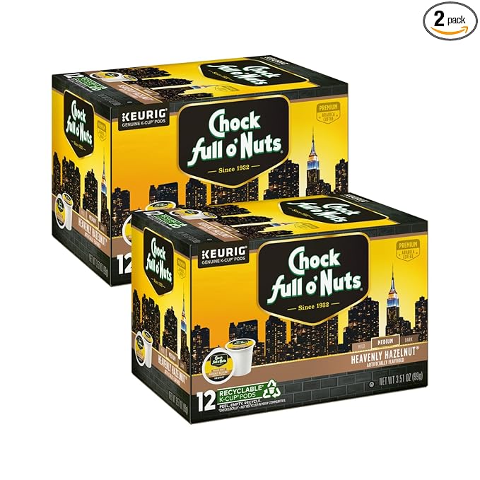 Chock Full o'Nuts Heavenly Hazelnut Coffee, Compatible with K-Cup Pods, 12 CT (Pack of 2)