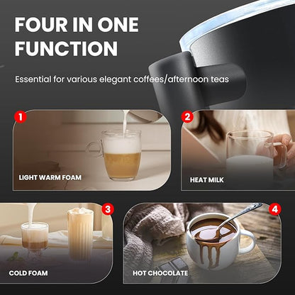 4 in 1 Electric Milk Frother, Steamer with Warming function, Automatic Hot and Cold Milk Frother, Coffee Frother, Latte, Hot Chocolate, Macchiato, Cappuccino (Black)