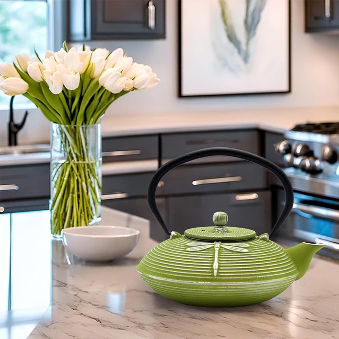 Cast Iron Teapot,SECHUDO Tea Kettle Coated with Enameled Interior for Loose Tea,Cast Iron Teapot with Stainless Steel Infuser for Stovetop Safe (27.1oz Flat Dragonfly Pattern)