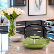 Cast Iron Teapot,SECHUDO Tea Kettle Coated with Enameled Interior for Loose Tea,Cast Iron Teapot with Stainless Steel Infuser for Stovetop Safe (27.1oz Flat Dragonfly Pattern)