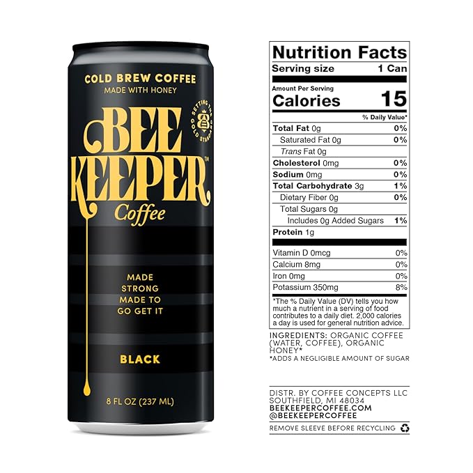 Beekeeper Coffee Black Cold Brew with Oregon Honey, 8 fl oz cans (Pack of 12), Ready-to-Drink, 180mg Natural Caffeine