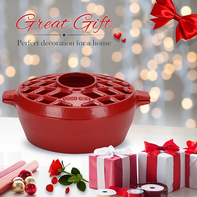 G Good Gain Wood Stove Steamer, Fireplace Humidifier, Cast Iron Humidifier for Stove, Matte Black Finish, Rust Resistant, Lattice Top, 2.5 Quart Capacity, Wood Burning Stove Indoor Decorative. RED