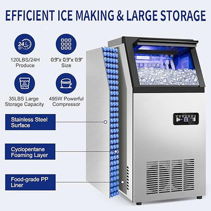 Commercial Ice Maker Machine 120Lbs/24H with 35Lbs Ice Capacity, 45Pcs Clear Ice Cubes Ready in 11-20Mins, Stainless Steel Under Counter Freestanding Large Ice Machine, 2 Water Inlet Modes