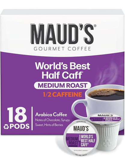 Maud's Half Caff Coffee Pods, 18 ct, Medium Roast Coffee in Recyclable Single Serve Pods – 100% Arabica Coffee, Compatible with Keurig K Cups Maker