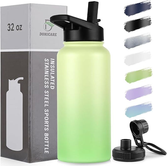 DOMICARE 32 oz Insulated Water Bottle, Vacuum Insulated Stainless Steel Sports Water Bottle with Straw Lid & Spout Lid, Leakproof, Reusable - Travel, Camping, Bike, Green Gradient