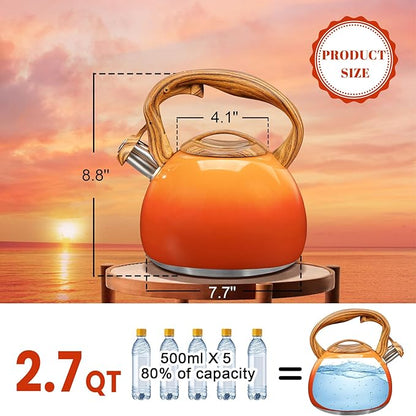 GGC Tea Kettle for Stove Top, 3.1QT/3L Whistling Tea Kettles for Boiling Water, Coffee or Milk, Red Sunset Tea Pot with Wood Pattern Handle, Stainless Steel Tea Pot for Home and Kitchen
