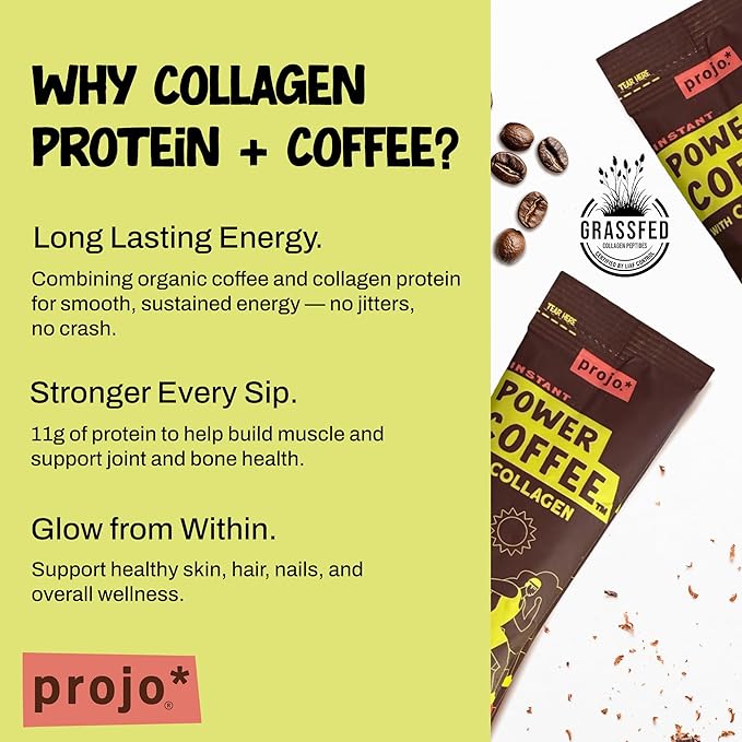 Projo* Power Coffee – Instant Coffee with 11g Protein – Grass-Fed Hydrolyzed Bovine Collagen & 175mg Caffeine – Mocha Latte Flavor – Organic – Energy Support – 12 Single-Serve Packets