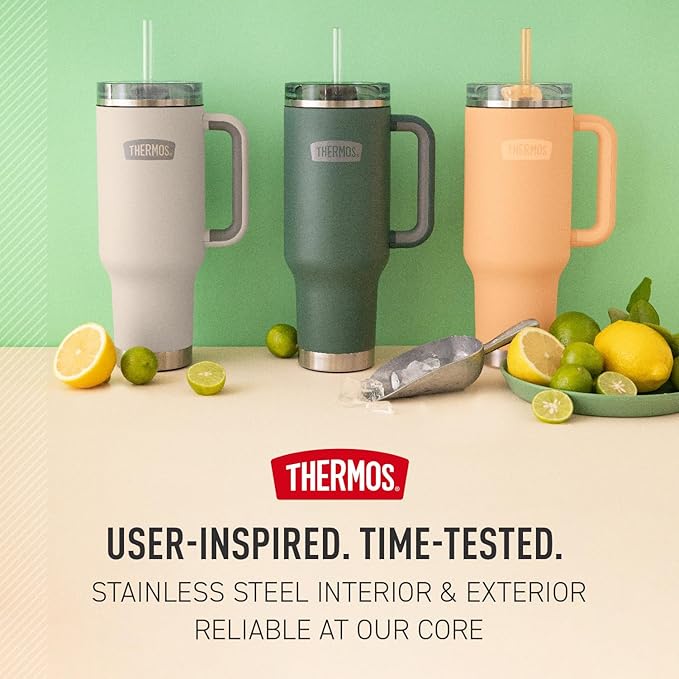 THERMOS Stainless Steel Cup Holder Mug - 40 Ounce, Sandstone - Insulated Tumbler with Lid and Straw, Plus Leak-Resistant Slide Lock