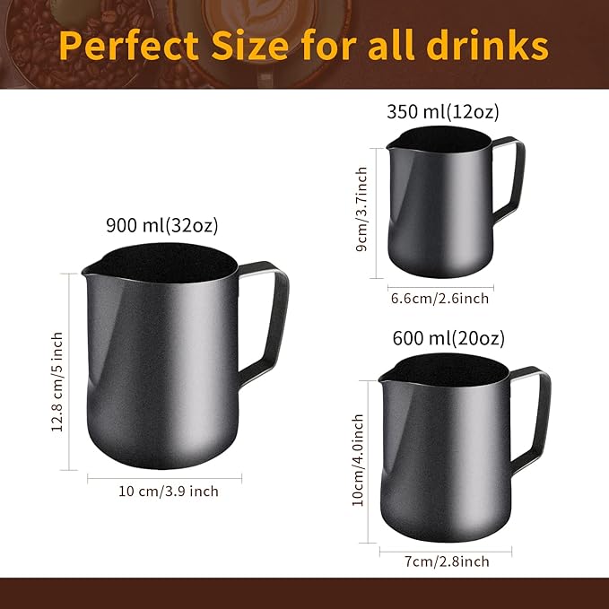 Milk Frothing Pitcher, Stainless Steel Espresso Steaming Pitcher 320Z/900ML Coffee Milk Frother Cup with Decorating Art Pen for Espresso Machine, Milk Frother, Latte Art Black