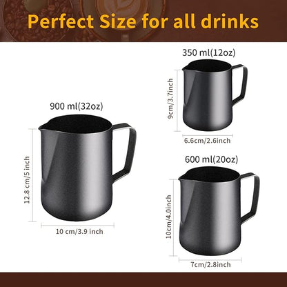 Milk Frothing Pitcher, Stainless Steel Espresso Steaming Pitcher 320Z/900ML Coffee Milk Frother Cup with Decorating Art Pen for Espresso Machine, Milk Frother, Latte Art Black