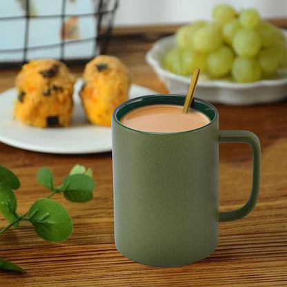 Coffee Mugs Matte Frosted Porcelain Tea Cup Home Office Restaurant Drinking Cups with Long Small Cute Coffee Spoons, Set of 2, 2 Mugs 2 Spoons, Safe for Microwave & Dishwasher, Gift Ideas, Green/Gold