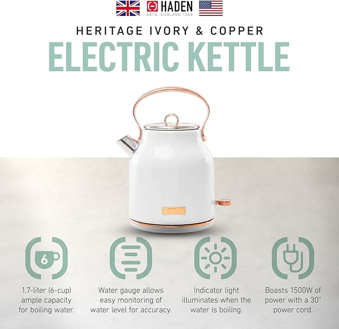 Haden Heritage 1.7 Liter Stainless Steel Electric Kettle, Hot Water Kettle with 360-Degree Base and Auto Shutoff, Ivory & Copper