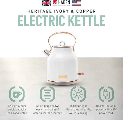Haden Heritage 1.7 Liter Stainless Steel Electric Kettle, Hot Water Kettle with 360-Degree Base and Auto Shutoff, Ivory & Copper