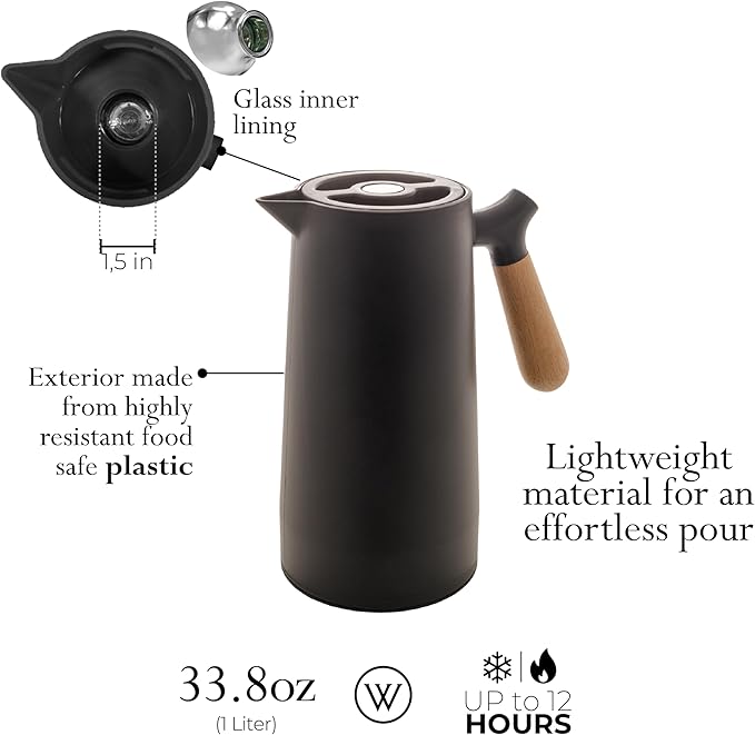 WOLFF - Thermal Coffee Carafe - 34oz / 1L Insulated Plastic Exterior Carafe for Hot or Cold Drinks - Leakproof Coffee and Tea Dispenser with Wood-like Handle and Glass Liner - Black, 34floz/1L