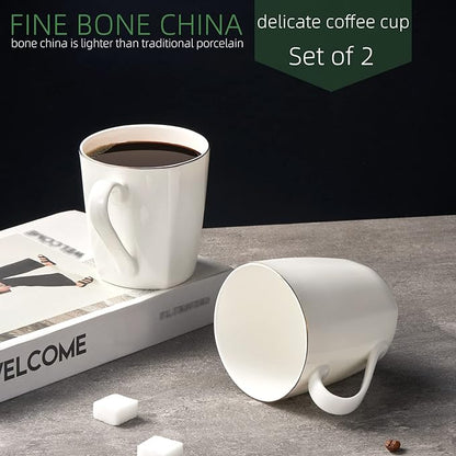 Fine Bone China Coffee Mugs, 10oz White Espresso Cups, Lightweight Tea Cups, Porcelain Coffee Cups Set of 2, Ceramic Mug with Gold Rim for Latte Mocha Cappuccino Women Men, Easy to Hold(Moonlight)