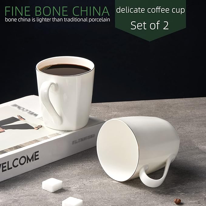 Fine Bone China Coffee Mugs, 10oz White Espresso Cups, Lightweight Tea Cups, Porcelain Coffee Cups Set of 2, Ceramic Mug with Gold Rim for Latte Mocha Cappuccino Women Men, Easy to Hold(Moonlight)