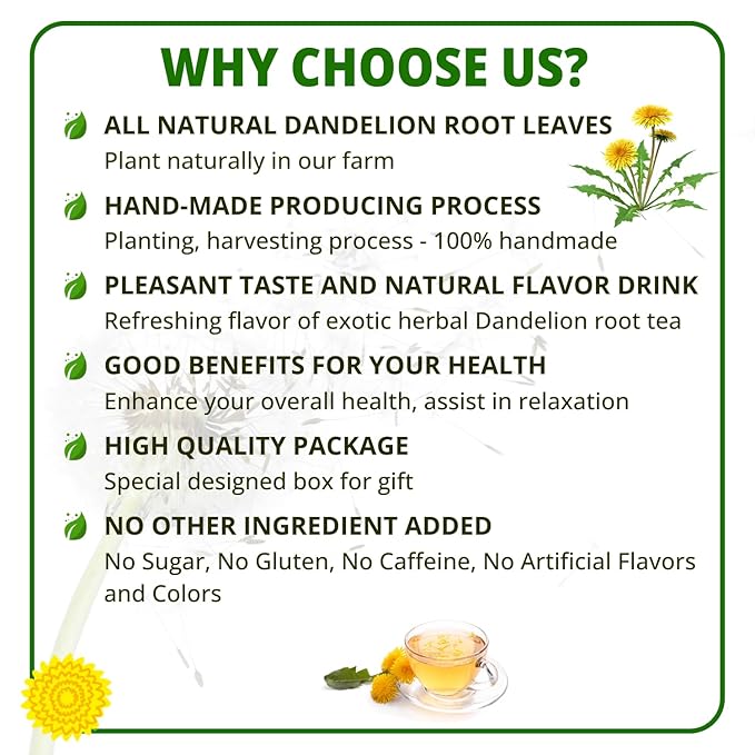 VIDA FARM 100 Dandelion Tea Bags - 100% Natural Dandelion Leaf & Root, Sugar Free, Caffeine Free, Non-GMO - Premium Dandelion Root Herbal Tea, Smooth Taste