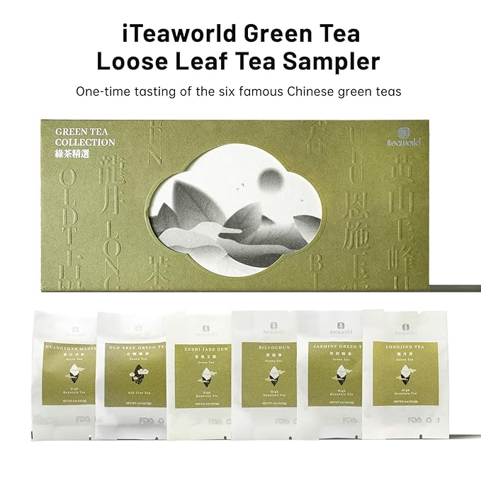 iTeaworld Chinese Green Tea Sampler - 6 Flavors Green tea loose leaf Bag - Chinese Tea With Mediumly Caffeinated, Sugar Free Loose Leaf Tea for Health Come with 20 Tea Bags, 3.5oz