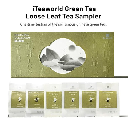 iTeaworld Chinese Green Tea Sampler - 6 Flavors Green tea loose leaf Bag - Chinese Tea With Mediumly Caffeinated, Sugar Free Loose Leaf Tea for Health Come with 20 Tea Bags, 3.5oz