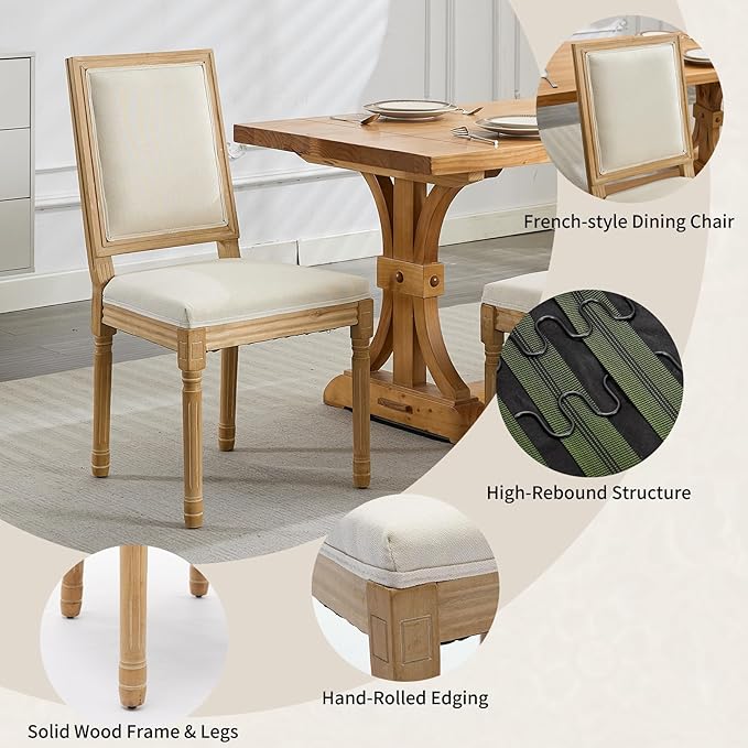 Vintage French Country Dining Room Chairs Set of 8, Linen Dining Chairs With a Square Back, Beige Upholstered Dining Chair, Sillas para Comedor, Kitchen & Dining Room Chair (Beige, Linen, 8Pcs)