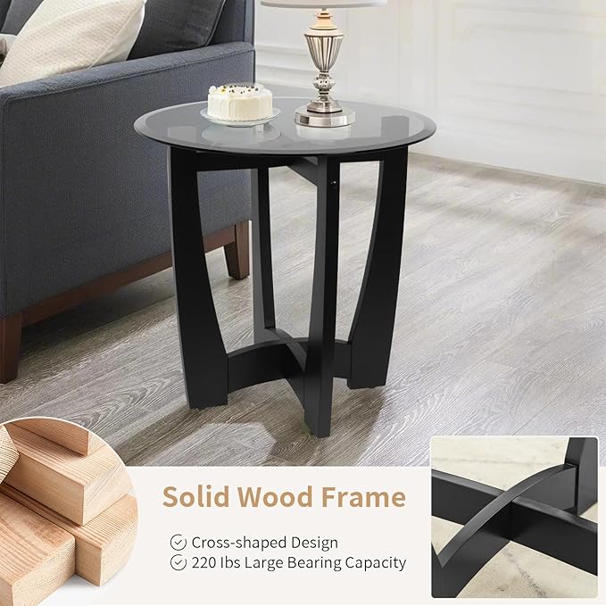 Glass End Table, 23.5" Round Side Tables with Black Tempered Glass Top Cross and Solid Wood Base Small Night Stand for Living Room Office Apartment Black
