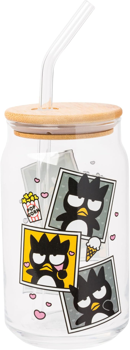 Silver Buffalo Sanrio Hello Kitty and Friends Badtz-Maru Polaroids Glass Jar Tumbler with Bamboo Lid and Glass Straw, 16 Ounces