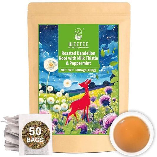 WT WEETEE Roasted Dandelion Root Tea with Milk Thistle and Peppermint, 50 Natural Caffeine-free Herbal Tea Bags for Liver Cleanse
