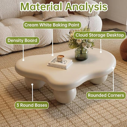 Cloud Coffee Table Modern Irregular Coffee Table Asymmetrical Unique Coffee Tables with 3 Bases for Living Room Farmhouse (B, 39")