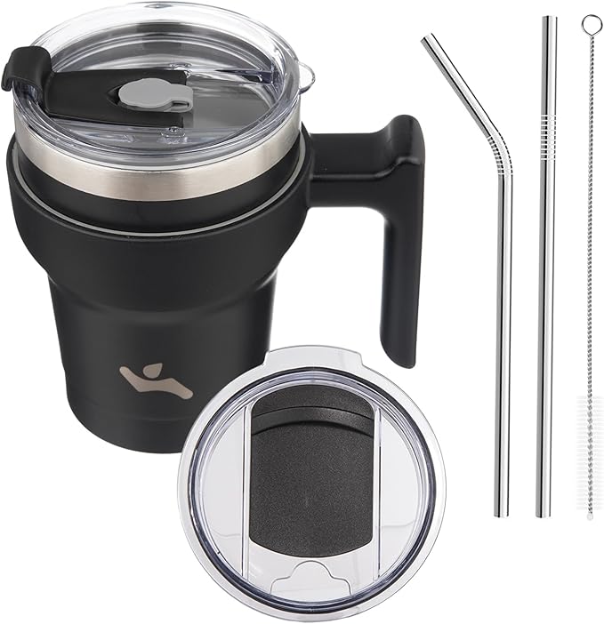 10 oz Tumbler with Handle and 2 Straw 2 Lid, Insulated Water Bottle Stainless Steel Vacuum Cup Reusable Travel Mug,Black