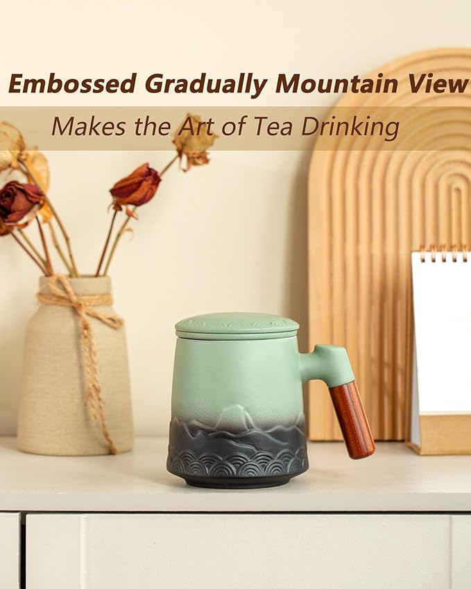 ZENS Tea Mug with Infuser and Lid for Loose Leaf Tea Steeper, 16.9 oz Embossed Ceramic Tea Cup with Fine Strainersand Wood Handle, Diffusers Accessories for Tea Lovers Gifts