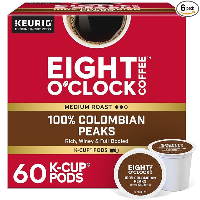 Eight O'Clock Coffee Colombian Peaks, Keurig Single Serve K-Cup Pods, Medium Roast, 60 Count (6 pack of 10)