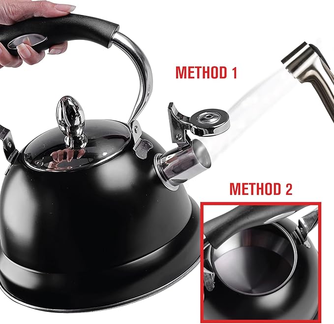 Emeril Lagasse 2.6 Quart/2.5 Liter Whistling Tea Kettle, Stainless Steel Tea Pot for Induction Stove Top, Fast to Boil Water for Home Kitchen Condo, with Ergonomic Cool Folding Grip Handle, Black
