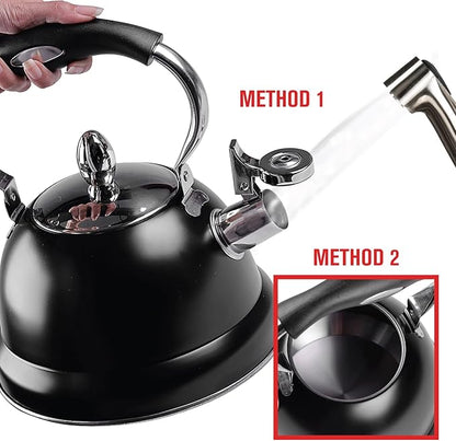 Emeril Lagasse 2.6 Quart/2.5 Liter Whistling Tea Kettle, Stainless Steel Tea Pot for Induction Stove Top, Fast to Boil Water for Home Kitchen Condo, with Ergonomic Cool Folding Grip Handle, Black
