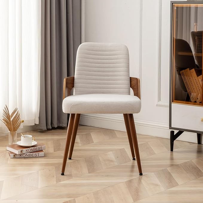 Dining Room Chairs Set of 4,Mid Century Modern Kitchen Chairs,Upholstered Beige Fabric Accent Chairs,Metal Legs Wooden Desk Chairs Armless and No Wheels for Kitchen Dining Living Room