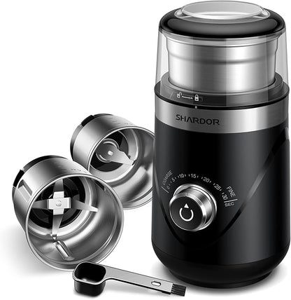 SHARDOR Electric Super Silent Blade Coffee Grinder, Timed Grind Control Rotary Knob, Adjustable Coarse to Fine for Coffee Beans, Spices & Herbs, with 2 Removable Stainless Steel Bowl, Black