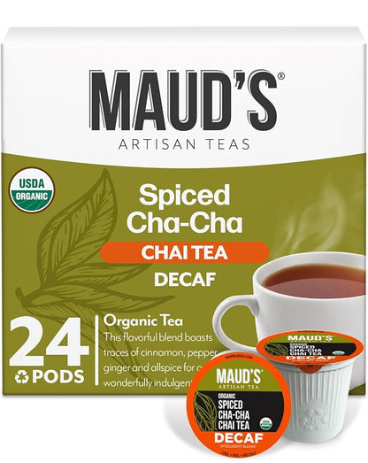 Maud's Organic Decaf Chai Tea Pods, 24 ct, Recyclable Single Serve Tea Pods – 100% Gourmet Blended Tea Leaves, Compatible with Keurig K Cups Maker