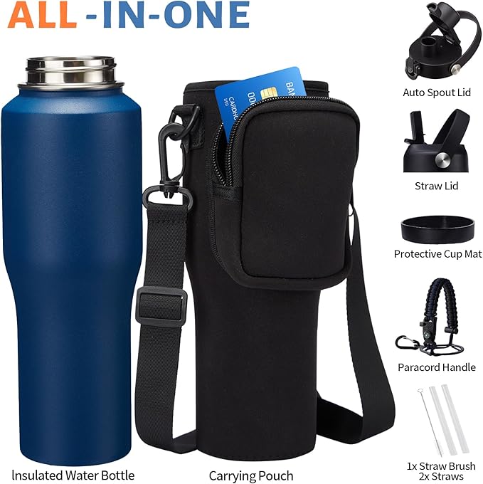 32 oz Stainless Steel Water Bottle with Straw - Spout Lid, Carrier Bag, Keep Cold-48H & Hot-24H Vacuum Insulated Flask Water Bottles Fits in Car Cup Holder, Bike, Coffee Travel Mug