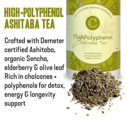 High‑Polyphenol Ashitaba Tea Blend – Demeter Certified Biodynamic U.S. Organic Ashitaba,Sencha Green Tea, with Elderberry & Olive Leaf – 20 Compostable Bags – Perfect for Detox, Metabolic Support