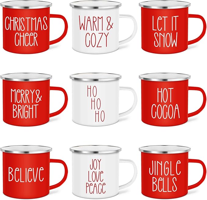 Sieral 9 Pcs Christmas Enamel Coffee Mugs 12 oz Winter Holiday Mugs with Quotes Seasonal White and Red Christmas Party Favor Cups Funny Novelty Xmas Coffee Cups for Women Men Coworkers Office